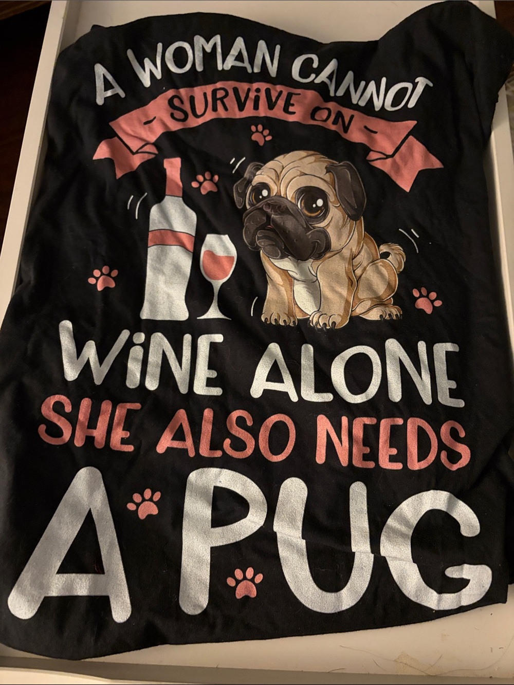 Black Pug & Wine Graphic Dog Lover T-Shirt. New WOT